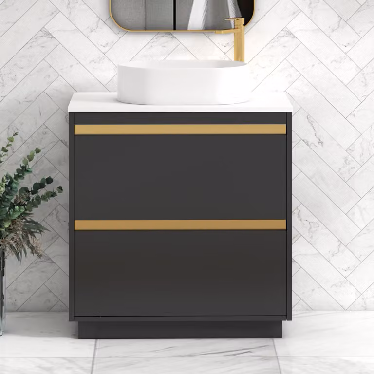Royal Bathrooms Orion 800mm Matt Obsidian Black and Plain White Floor Standing 2 Drawer Vanity Unit with Peak Basin and Brushed Brass Accent Trim
