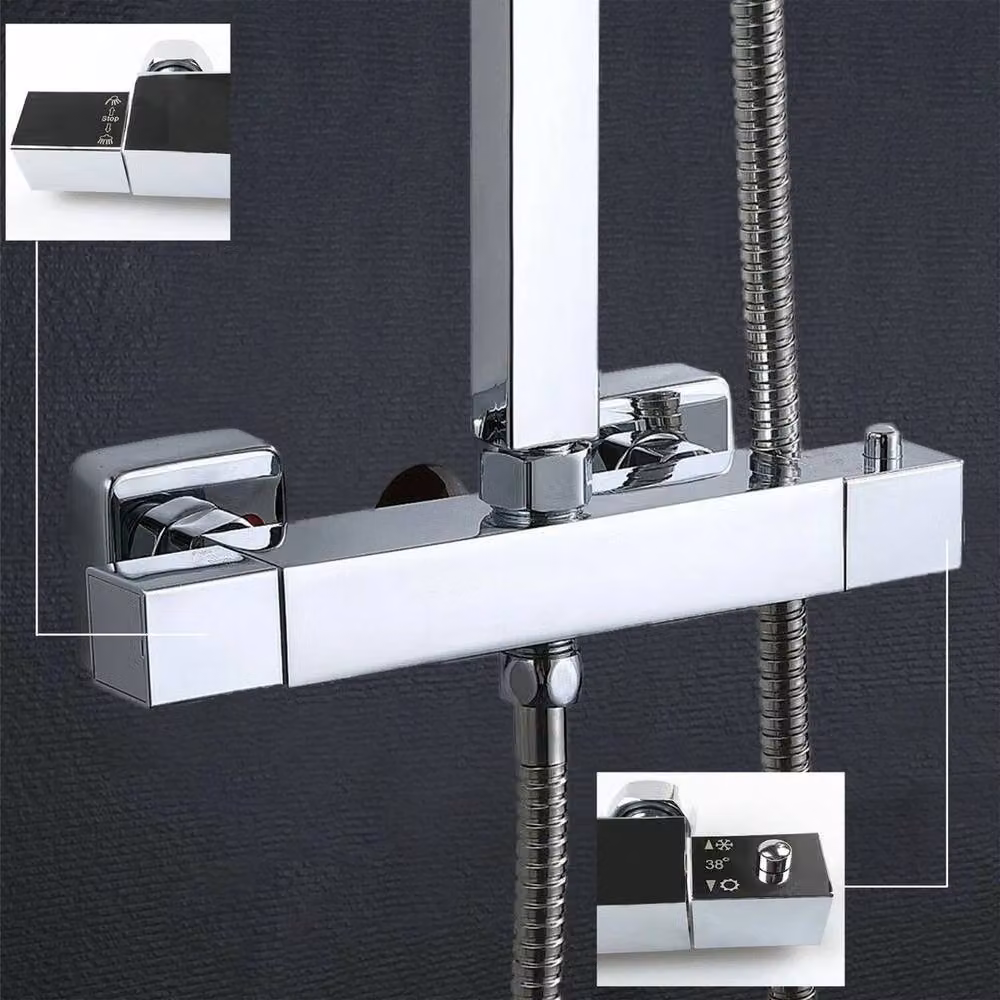 FLAVORA Exposed Thermostatic Shower Bar Mixer Twin Head Square Set in Silver with Rain Overhead Shower and Hand Shower, W/D/H: 1000 x 2000 mm – 4