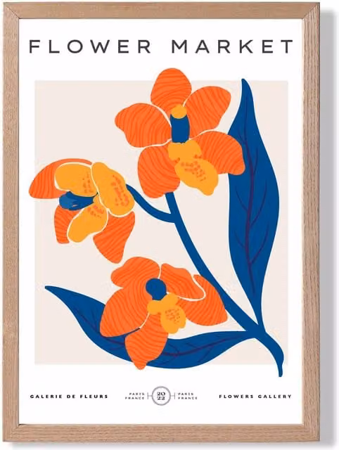 ARTZE Orange and Blue Wildflower Flower Market Exhibition Framed Print with Oak Frame