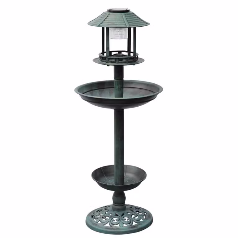 Berkfield Home Round Metal Bird Bath and Feeder with Solar Light in Green