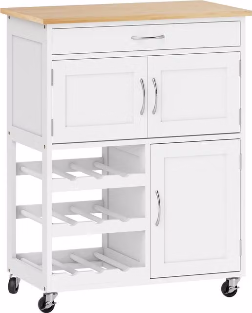 HOMCOM Modern White Kitchen Trolley with Rolling Storage Cart, Wine Rack and Cabinets