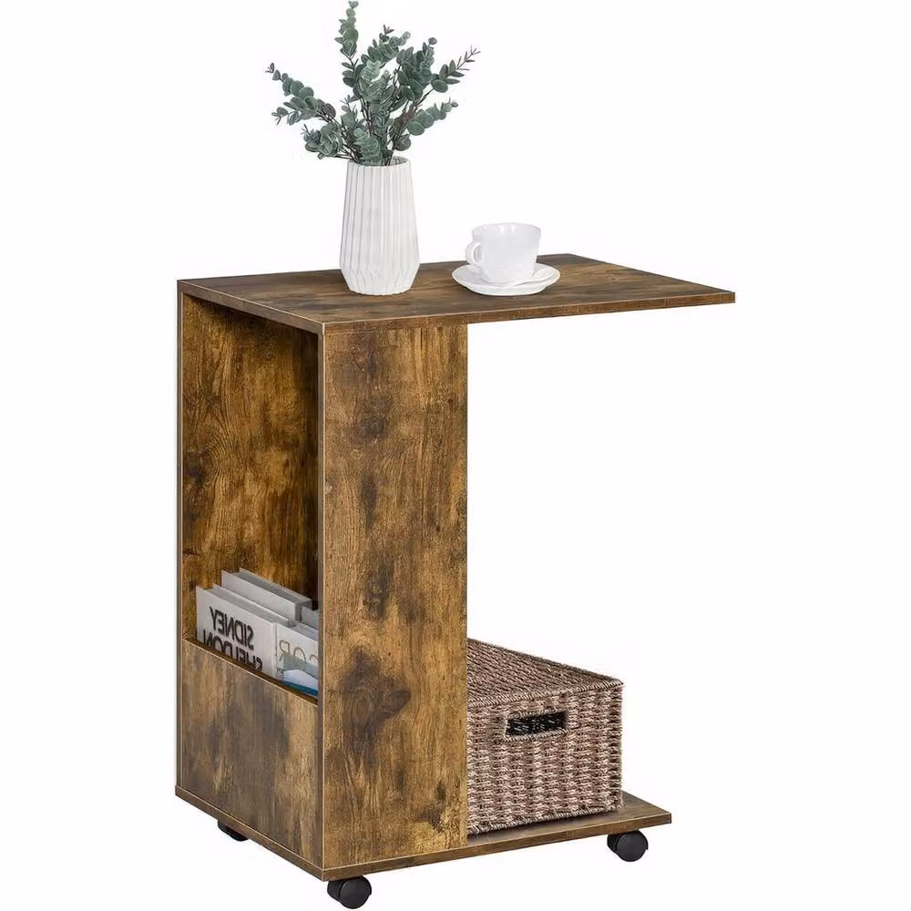 FORGEVIO C Shaped Side Table with Castors, Brown Industrial Metal Bedside and Coffee Table – 3