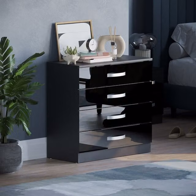 Hulio 4 Drawer Chest of Drawers in Black Glossy Finish