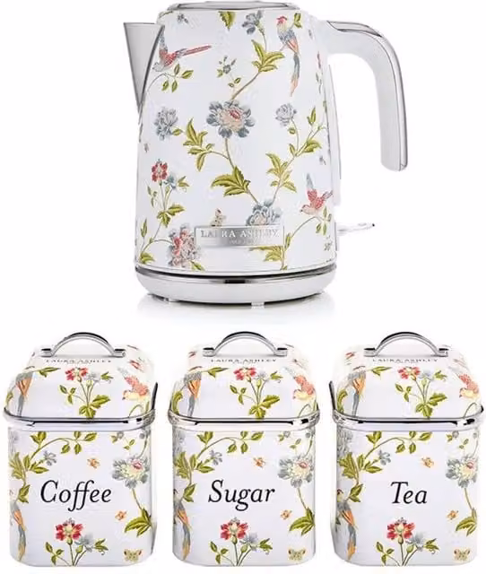 VQ Laura Ashley 1.7L Electric Kettle and Set of 3 Stainless Steel Canisters in White and Multicolour – 1