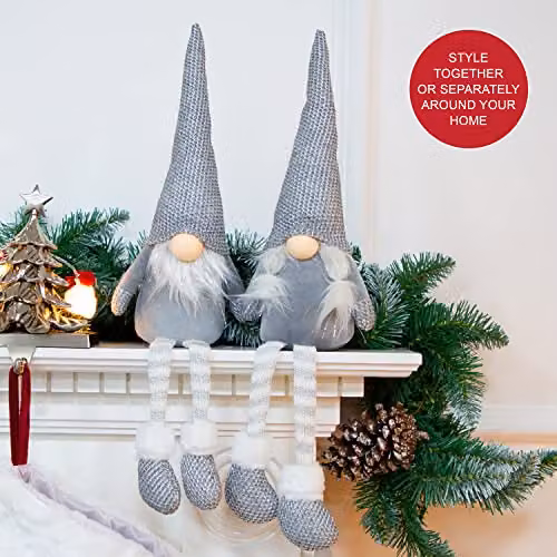 The Christmas Workshop 2-Pack Grey and White Felt Gnome Ornaments with Hanging Legs – 4