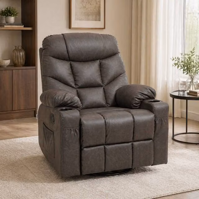STILVORA Brown Synthetic Leather Recliner Armchair with Swivel and Manual Lever Mechanism – 1