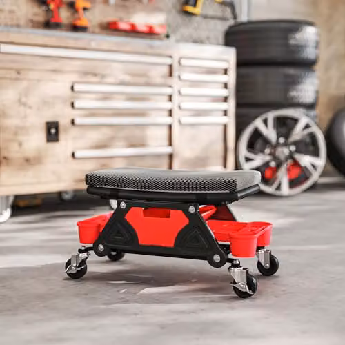 HOMCOM Rolling Mechanic Stool with Padded Creeper Seat, Black and Red – 8