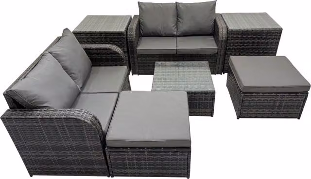 Fimous 6-Seater L-Shape Rattan Garden Furniture Set in Dark Grey with Tempered Glass Coffee Table, Ottoman and Upholstered Cushions
