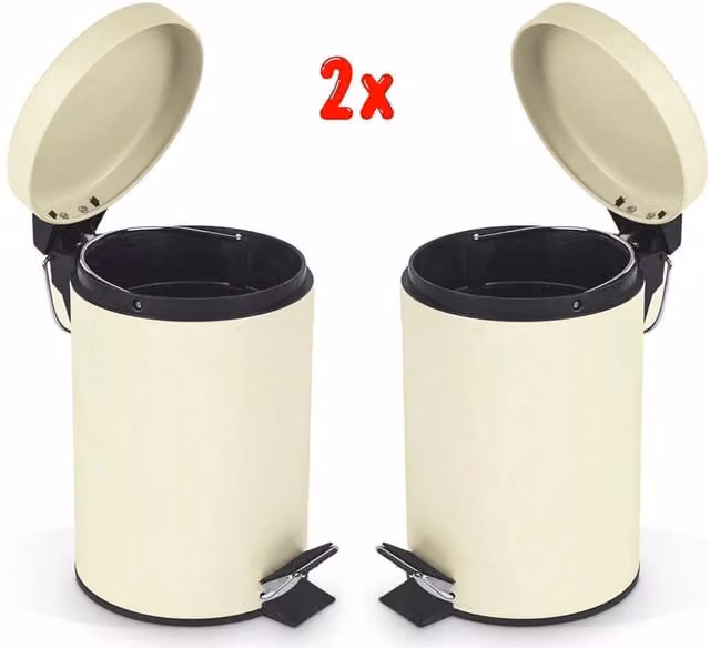 EONLION 2-Piece Set of 3 Litre Beige Pedal Bin Waste Bins with Removable Inner Bucket