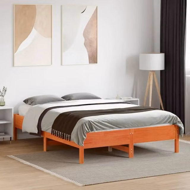 Berkfield Home Beautiful Solid Wood Pine Bed Frame in Waxed Brown, W/D/H: 140.5 x 140.5 x 36.5 cm