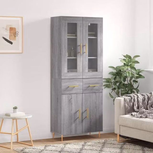 Berkfield Home Grey Sonoma Modern Highboard with Glass Doors and Internal Shelves, W: 69.5 cm, D: 34 cm, H: 180 cm