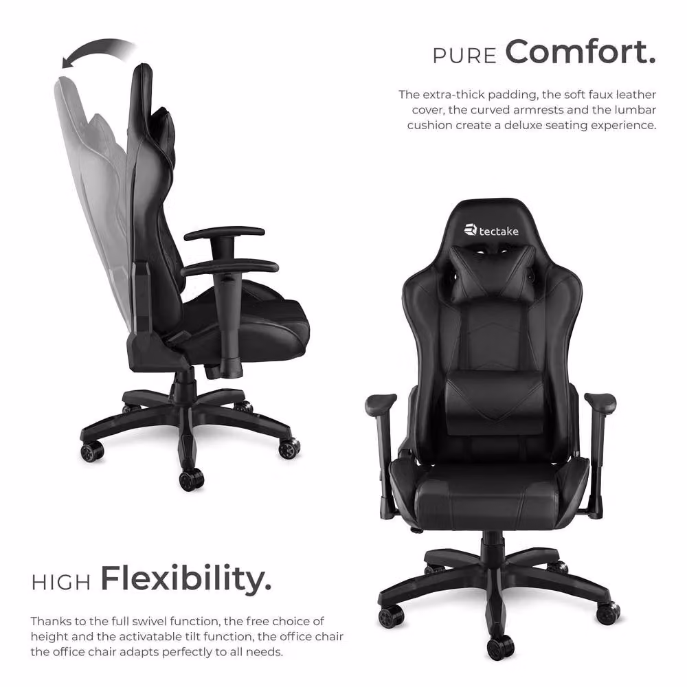 tectake Stealth Gaming Chair in Black with Synthetic Leather and Headrest – 3