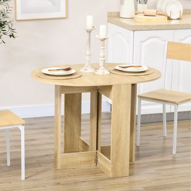 HOMCOM Modern Round Drop Leaf Foldable Dining Table in Oak