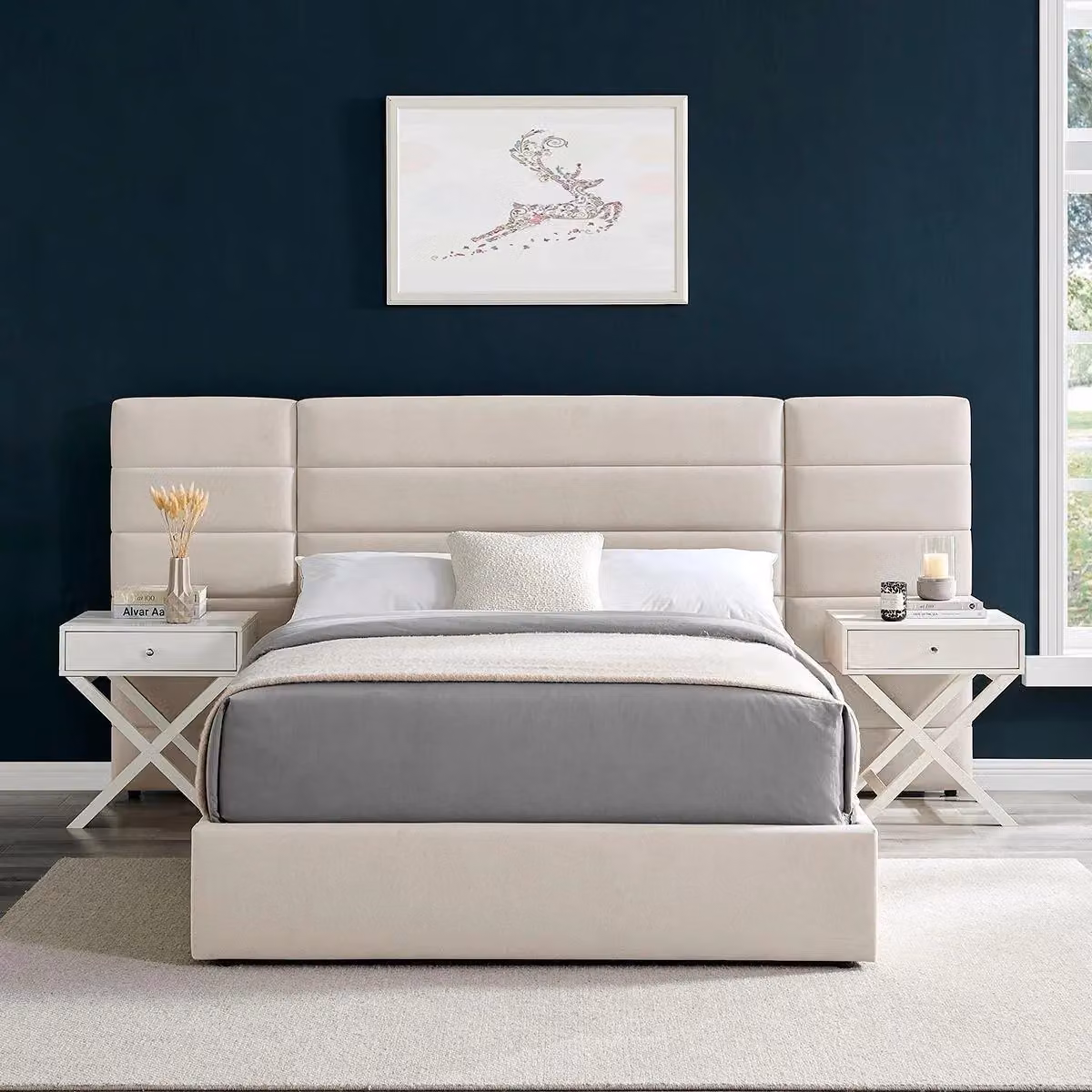 Modish Furnishing Amara King Size Ottoman Storage Bed with Wide Panel Fabric Headboard in Beige – 2