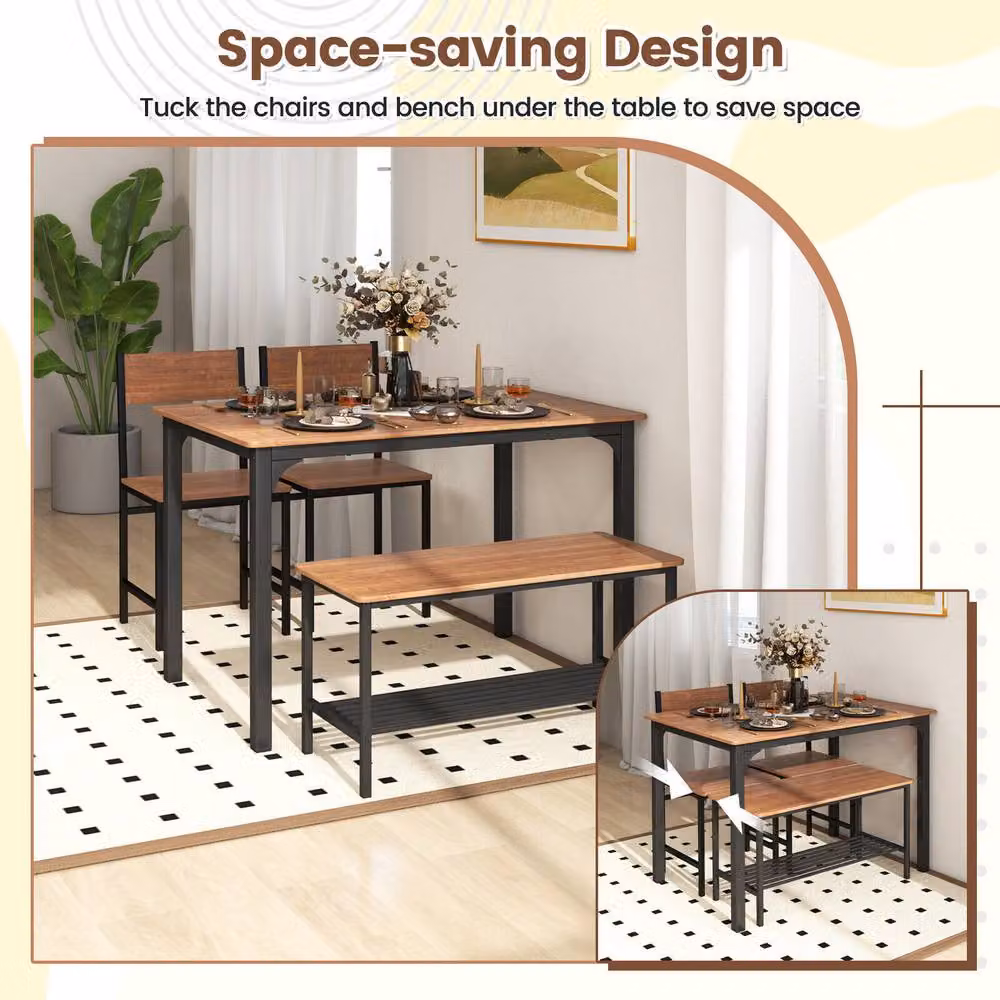 Costway 4-Piece Industrial Dining Table Set with Bench and Chairs in Brown – 4