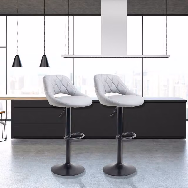 Set of Two Neo Faux Leather Barstools with Matt Black Metal Legs, Grey