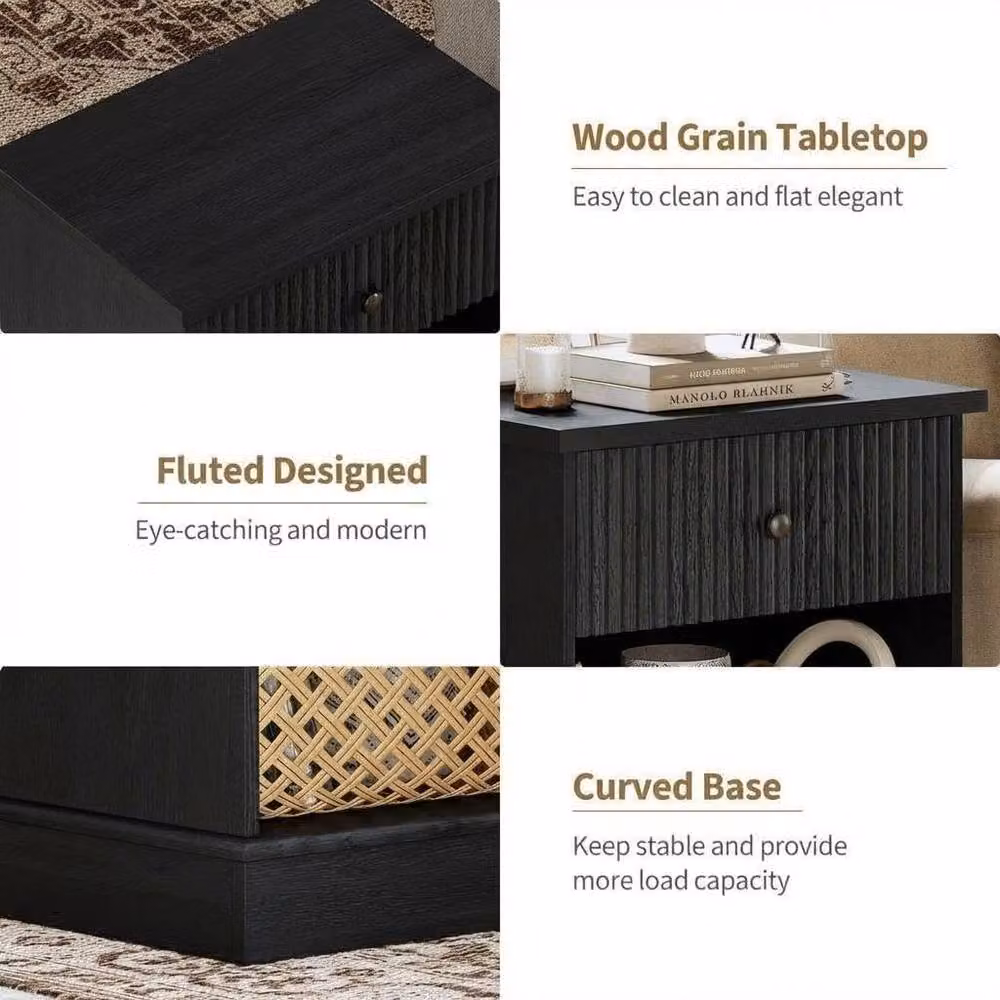 London Boutique Modern Fluted Bedside Cabinet and End Table with Drawer and Shelf in Black – 3