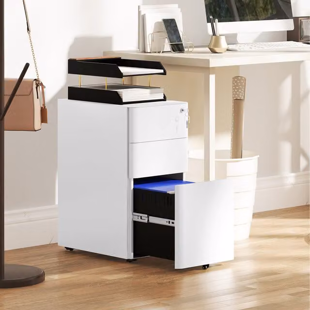 Vinsetto 3 Drawer Mobile Metal Filing Cabinet with Lock and Castors, White