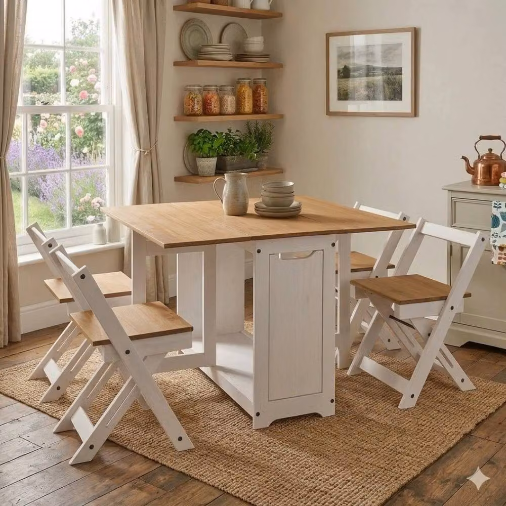 VOGREX Butterfly Drop Leaf Dining Table and 4 Chairs Set in White Waxed Pine – 2