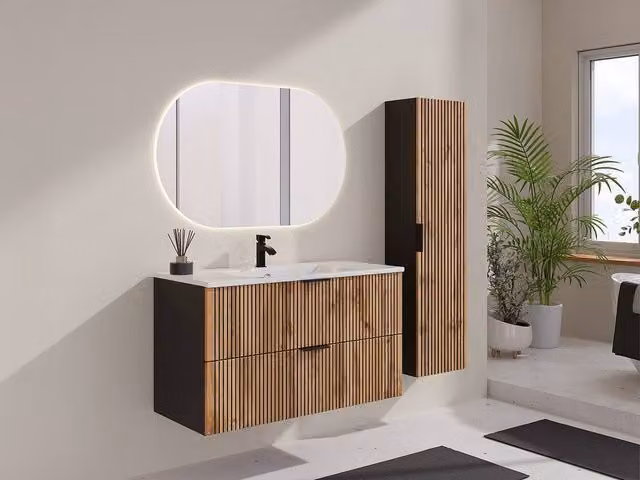 Vente-unique Ribbed Bathroom Cabinet with Inset Ceramic Basin and Tall Cabinet in Black – 1