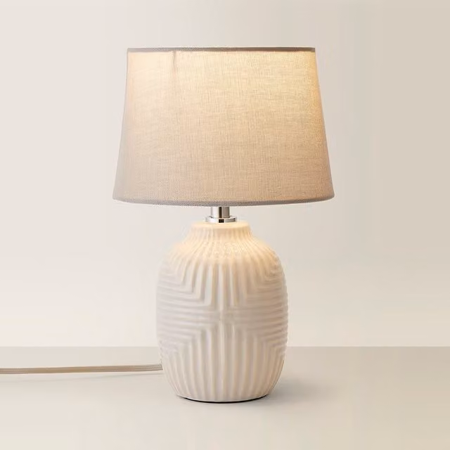 Harrison Small Geo Ribbed Gloss Ceramic Table Lamp with Tapered Shade in Grey