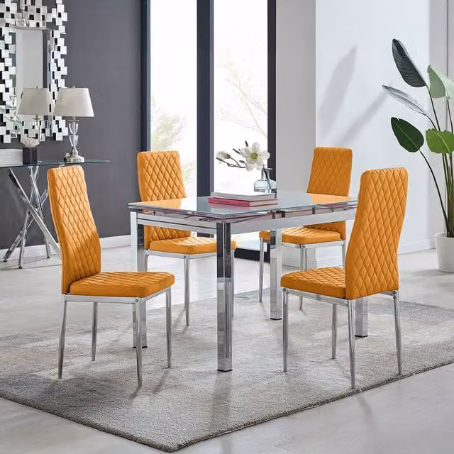 Furniturebox Enna White Glossy Glass Extending Rectangular Kitchen Dining Table and 4 Milan Chairs in Mustard