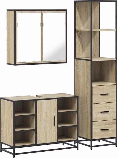 Berkfield Home 3 Piece Industrial Bathroom Furniture Set in Sonoma Oak and Light Brown – 1