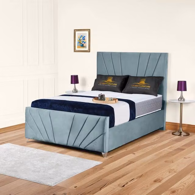 UK Bed Furniture Sunrise Upholstered Velvet Slatted Base Bed in Blue, Size: 180 x 200 cm – 1