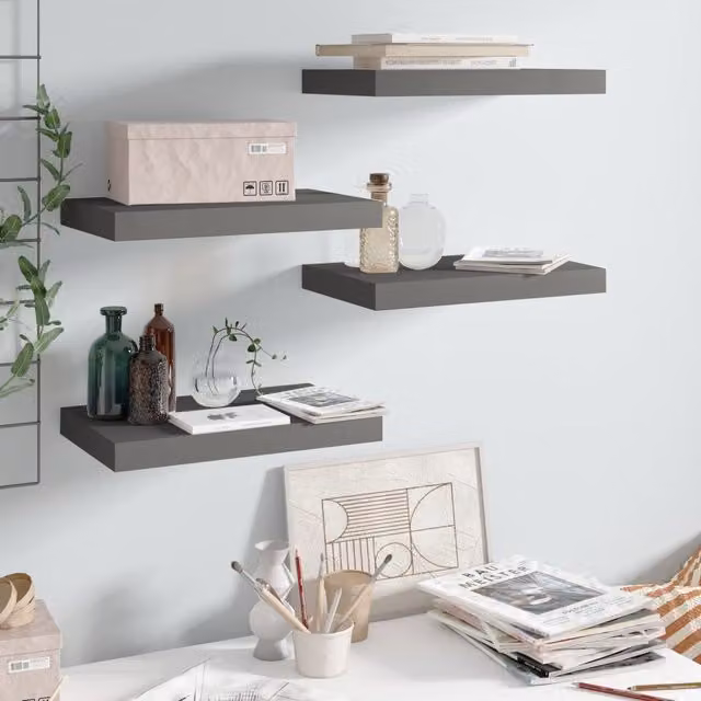 Berkfield Home Set of 4 Floating Wall Shelves in High Gloss Grey, W/D/H: 40 x 23 x 4 cm