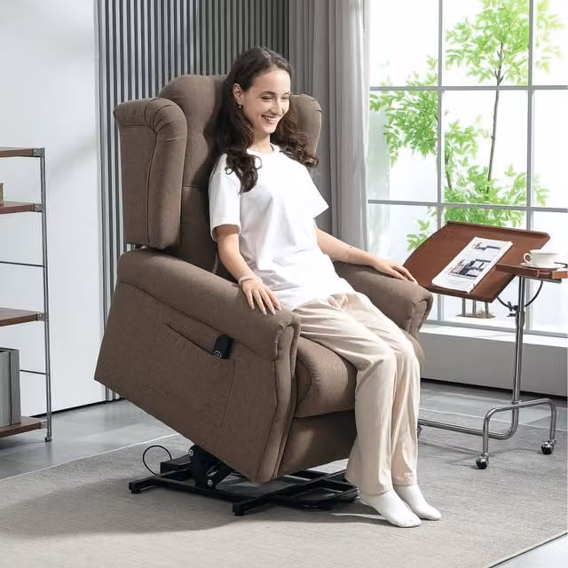 HOMCOM Brown Fabric Power Lift Recliner Chair with Wingback Button Tufted Design
