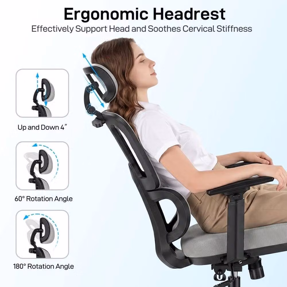 SPETLEK Ergonomic Mesh Back Office Chair in Grey with Headrest and Armrests – 3