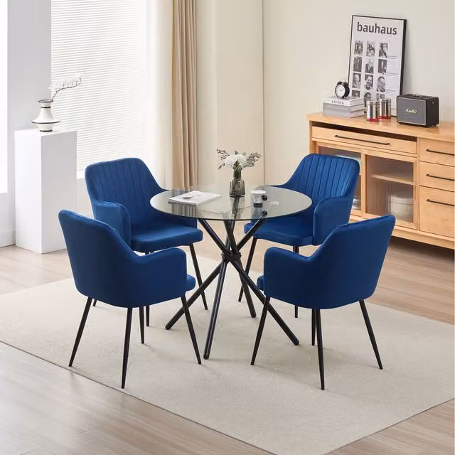Madefor.living New York Round Glass Dining Table and Charlotte Velvet Chairs Set in Blue