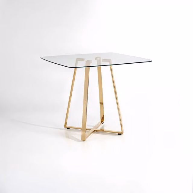 Orsina Modern Square Glass Dining Table with Gold X-Frame Base, Transparent and Gold
