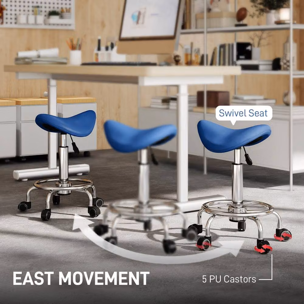 STILVORA Adjustable Height Saddle Stool with Blue PU Leather and Castors – 7