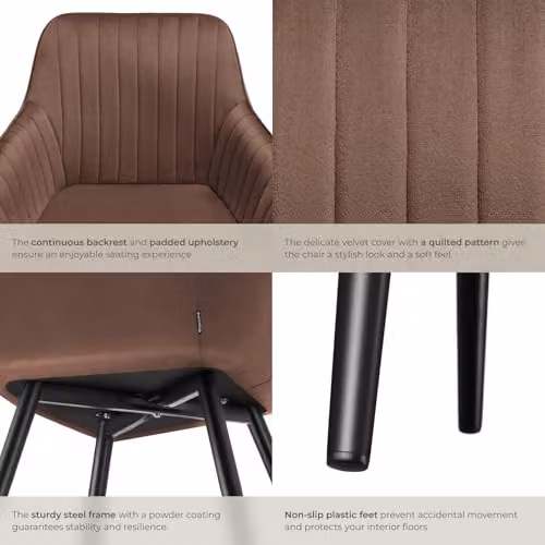 tectake Dining Chair with Quilted Velvet-Look Cover and Armrests in Brown/Black – 6