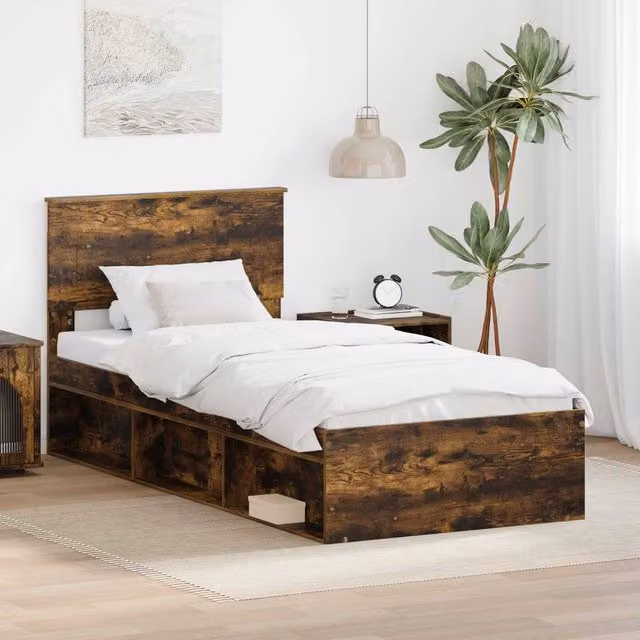 Berkfield Home Modern Smoked Oak Bed Frame in Brown, W/D/H: 100 x 200 cm – 1