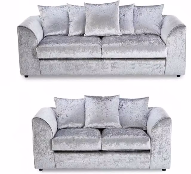 Snug Furniture Birmingham Ltd Venice Silver Crushed Velvet 3+2 Sofa Set with Scatter Cushions – 1