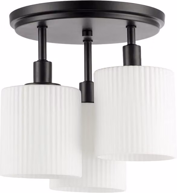 Happy Homewares Designer Semi Flush Ceiling Light with Fluted Opal Glass Shades in Black