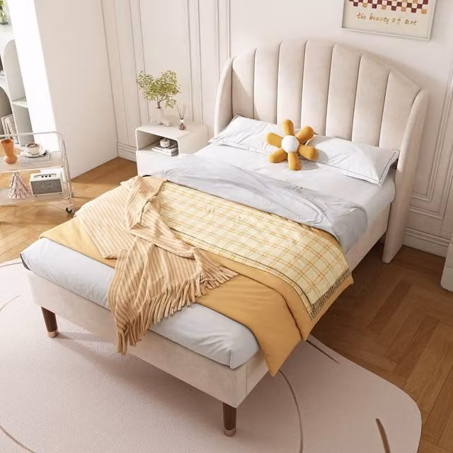 ModernLuxe Upholstered Kids Single Bed with Headboard and Wooden Slats in Beige, W/D/H: 90 x 190 cm