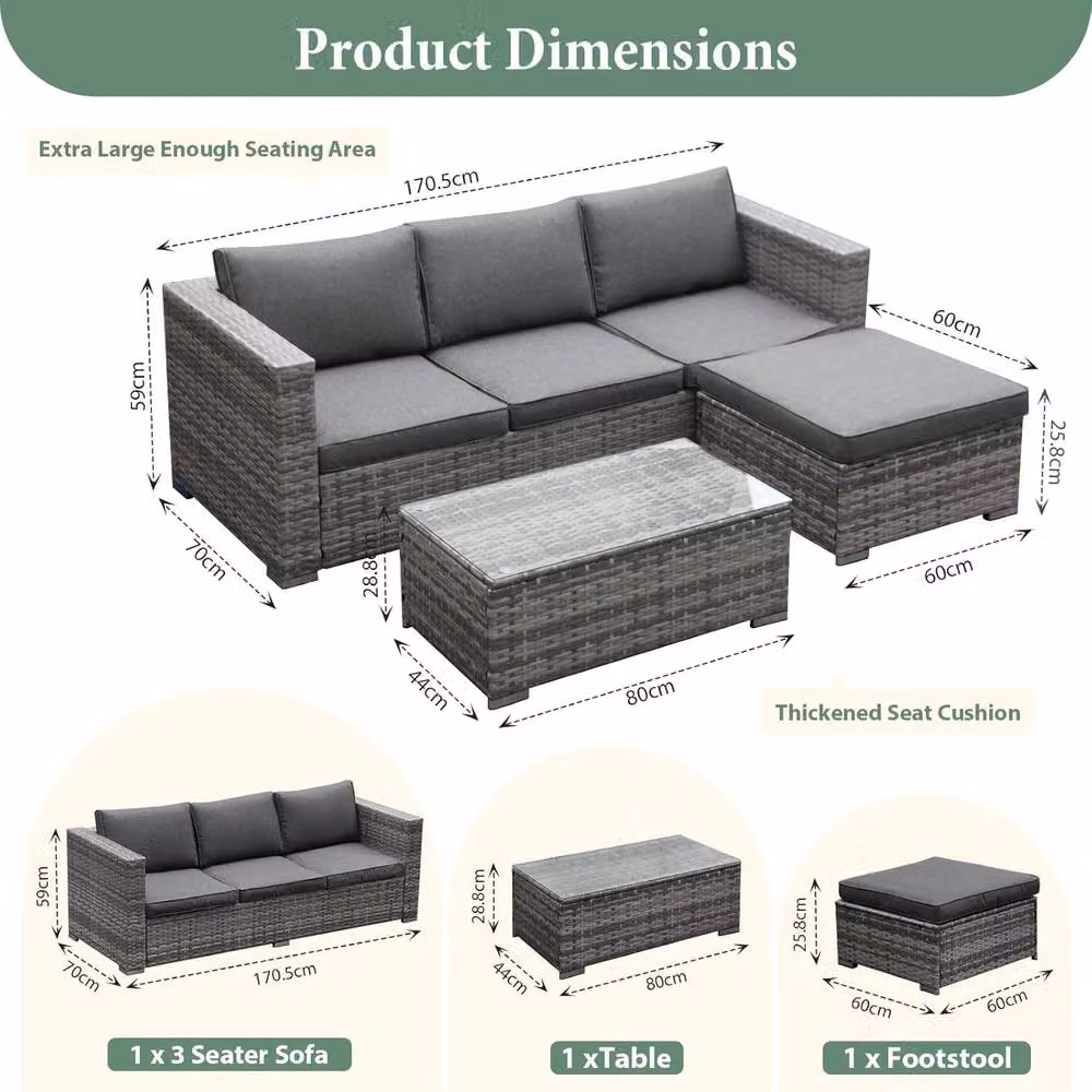 Lishetimig 3-Piece Grey Polyrattan Garden Corner Sofa Set with Upholstered Cushions and Glass Coffee Table – 2