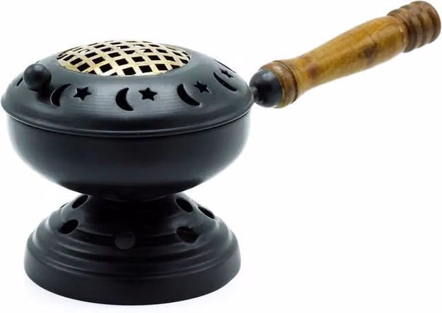 KDMD Large Metal Iron Censer Incense Burner on Stand in Grey with Gold Detail