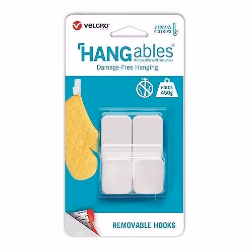 VELCRO Brand HANGables Removable Small Wall Hooks, White, Set of 2, Holds up to 450g
