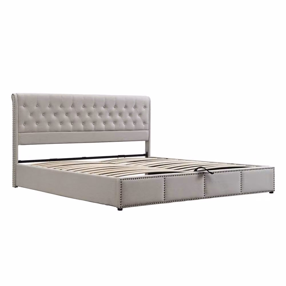 BTM Upholstered Velvet Storage Bed with Lift-Up Base in Light Grey, W/D/H: 180 x 200 cm – 3