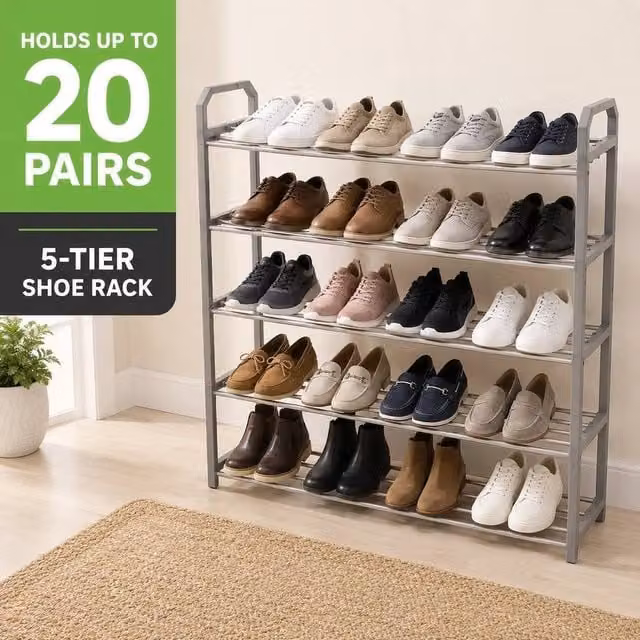 Kelvenix 5 Tier Plastic and Metal Shoe Rack Tall Storage Shelf in Grey