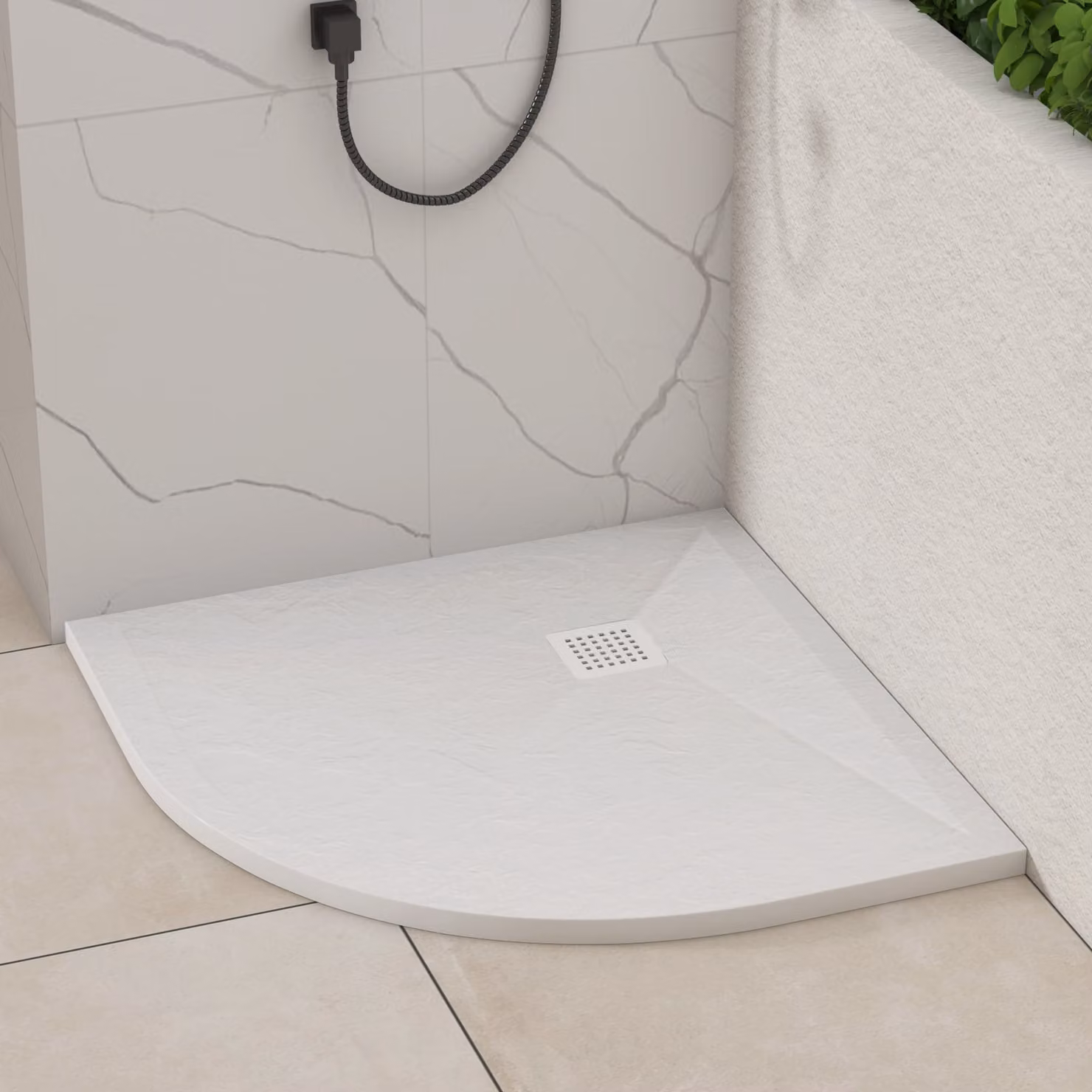 Luxor White Slate Effect Mineral Cast Corner Shower Tray with Waste and White Grate, W/D/H: 80 x 80 x 3 cm