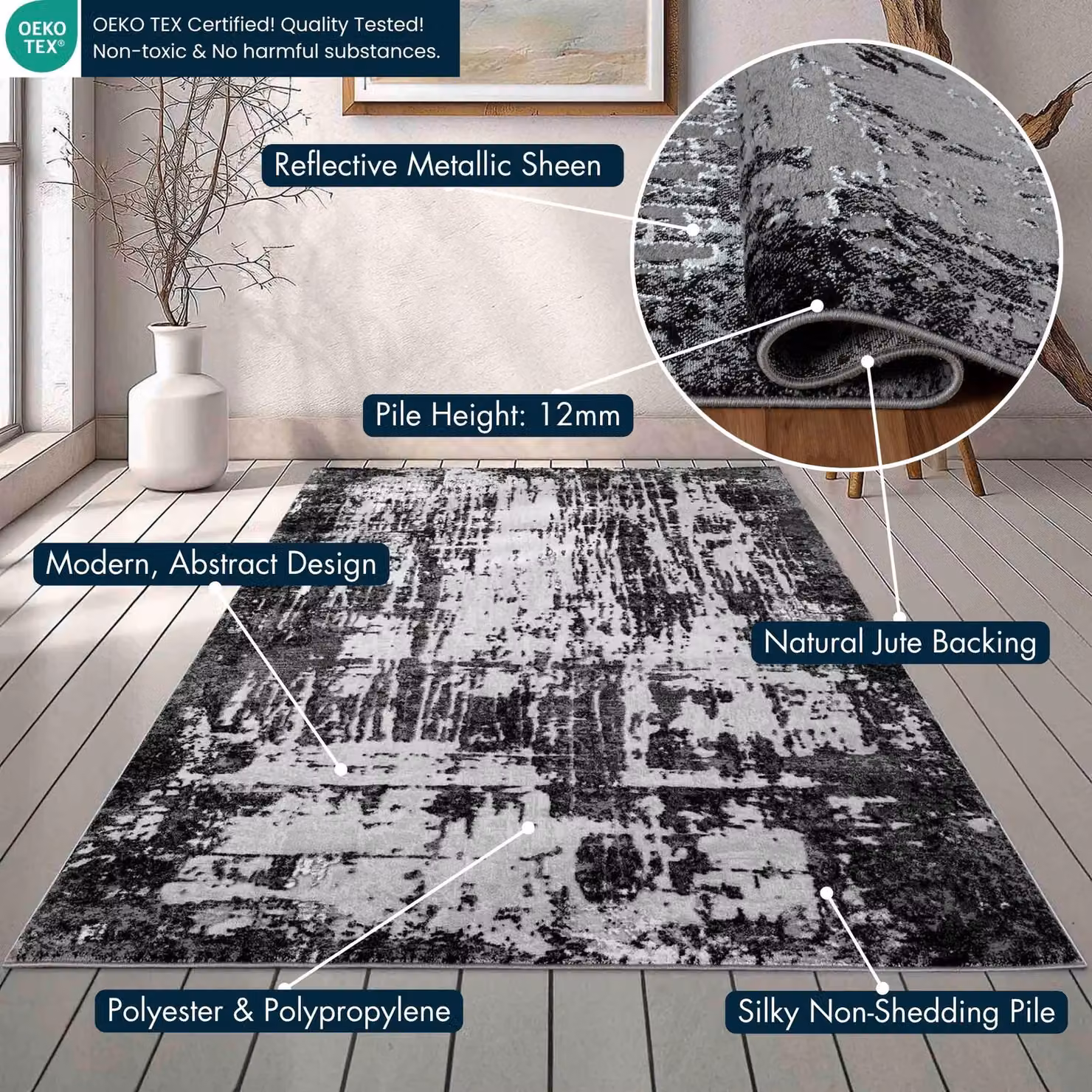 Desire Rugs Serenity Modern Abstract Area Rug in Black, W/D/H: 60 x 220 x 1.2 cm – 3