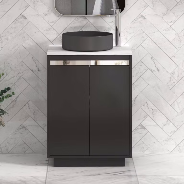 Royal Bathrooms Orion 600mm Matt Obsidian Black Floor Standing 2 Door Vanity Unit with Art Round Basin and Chrome Accent Trim
