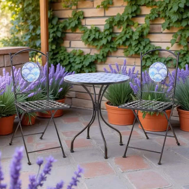 Home Source Ocean Blue Shell Mosaic Bistro Patio Garden Set in Black and Multicolour