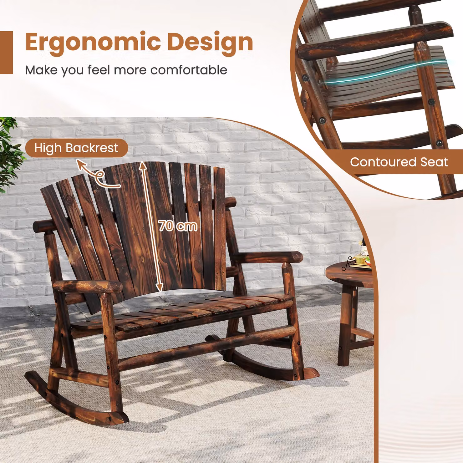 Costway 2-Person Adirondack Rocking Chair Loveseat in Brown Solid Wood for Garden, Balcony or Terrace – 6