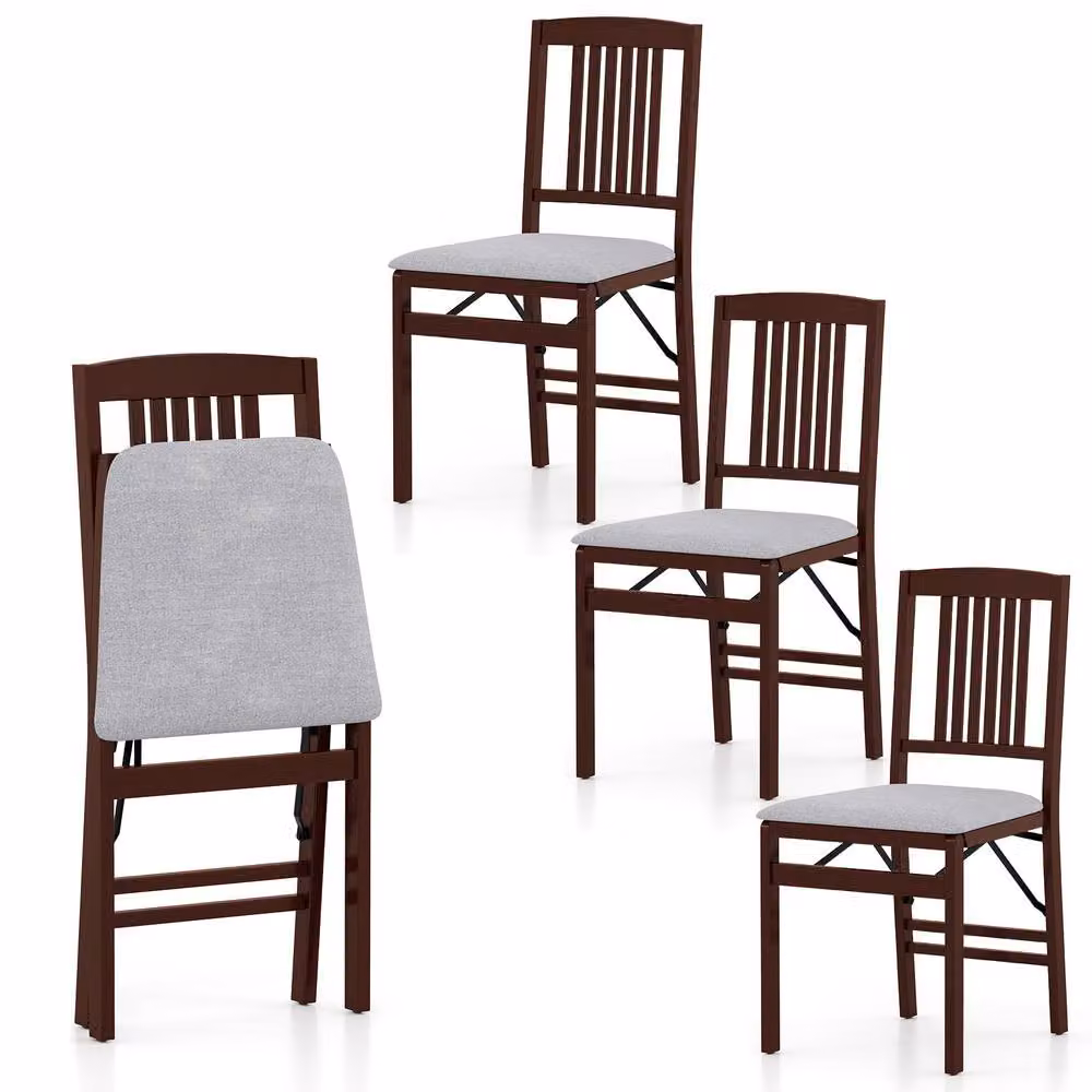 Costway Set of 2 Grey Upholstered Folding Dining Chairs with Vintage Rubberwood Finish – 3